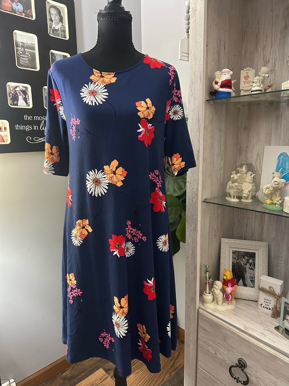 St. John's Bay Navy Floral Midi Dress with Red, Yellow & White Blooms
